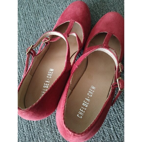 CHELSEA CREW Womens 7 T-strap Pumps Red Corduroy Mary Jane Pin Up Heels Retro - Picture 5 of 6